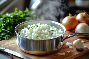 Wall Mural - Steaming pot of chopped onions with fresh parsley and whole onions in background