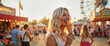 © ON - Studio - Young woman enjoys colorful ice cream at a vibrant summer fair during sunset