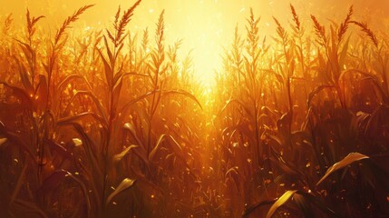 Poster - Golden glow illuminating rows of corn at sunset in a tranquil farm landscape