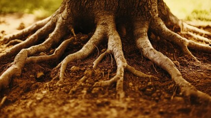Poster - Intricate tree roots intertwining with rough texture on forest ground during golden hour sunlight