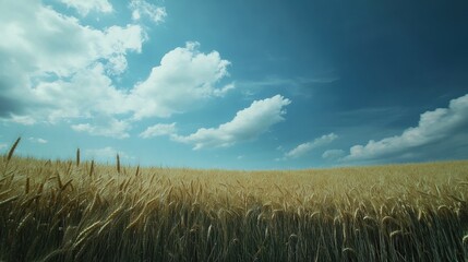 Aufkleber - Rows of golden wheat fields stretch under a bright blue sky with fluffy white clouds during a sunny day