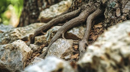 Poster - Intricate tree roots intertwining with rugged rocks in a serene outdoor setting