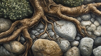 Poster - Intricate tree roots intertwining with textured rocks in a natural habitat