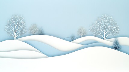 Poster - Empty papercut winter scene with gently layered hills, a pastel sky, and trees in the distance.