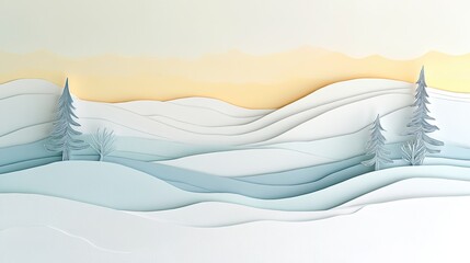 Poster - Empty papercut winter scene with gently layered hills, a pastel sky, and trees in the distance.