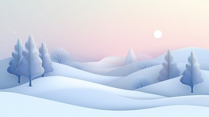 Poster - Empty papercut winter scene with gently layered hills, a pastel sky, and trees in the distance.