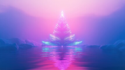 Wall Mural - futuristic neon christmas tree glowing in vivid blue and magenta tones, floating over a reflective p