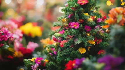 Fototapete - Green Christmas tree encircled by vivid blooms, blending holiday spirit with springtime vibrancy.