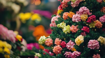 Fototapete - Green Christmas tree encircled by vivid blooms, blending holiday spirit with springtime vibrancy.