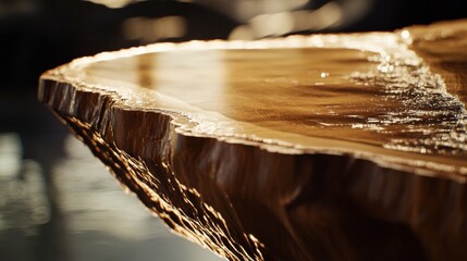 Poster - Close-up of polished wooden edge reflecting soft light in a serene environment, highlighting craftsmanship and nature's beauty