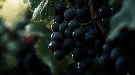 Poster - Close-up view of ripe black grapes hanging on a vine surrounded by lush green leaves in a vineyard