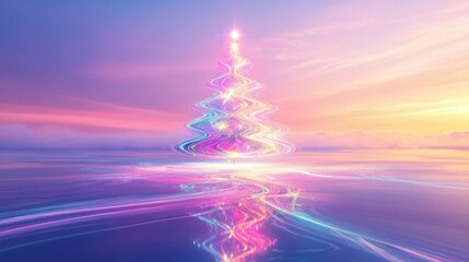 Wall Mural - minimalist illustration of a neon christmas tree glowing brightly, surrounded by soft pastel swirls 