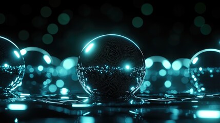 Poster - Reflective spheres in neon light digital art display abstract environment close-up view modern concept