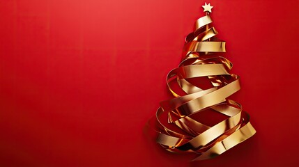 Fototapete - Modern festive tree formed from intertwining metallic ribbons, set on a vivid red background.