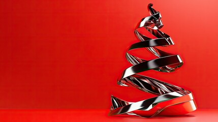 Fototapete - Modern festive tree formed from intertwining metallic ribbons, set on a vivid red background.