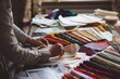 © KOSHKAROV SERGEI - A designer examining fabric swatches at a worktable, focused and detailed. Soft indoor lighting.