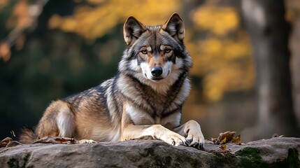 Wall Mural - majestic grey wolf resting on rock. wildlife, nature, animal portrait.