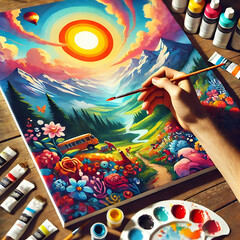 A vibrant painting depicting a hand grasping a paintbrush, showcasing an array of colors and artistic expression.