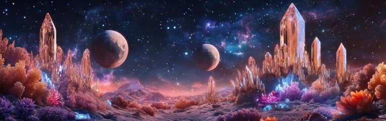 Poster - Ethereal landscape on a distant planet bathed in cosmic light with vibrant flora and towering crystal structures