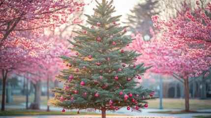 Wall Mural - vibrant green christmas tree surrounded by blooming pink cherry blossoms in a lively spring setting.