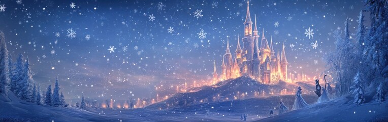 Poster - Enchanting ice castle glowing atop a snowy landscape under a serene twilight sky