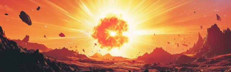 Aufkleber - Vivid artistic representation of a supernova explosion illuminating a distant cosmic landscape