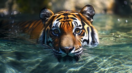 Wall Mural - tiger swimming in water. powerful predator in its natural habitat.