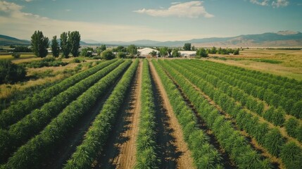 Poster - Expansive aerial view of hemp farm with intercropped plants in clear blue sky