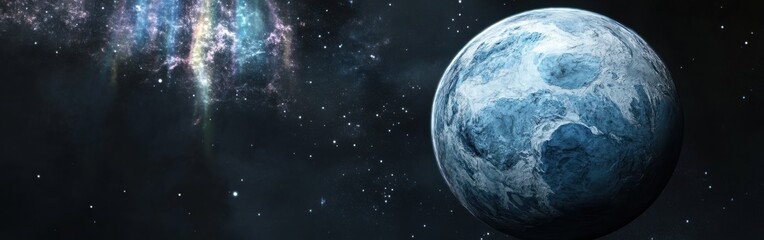 Poster - Whimsical exoplanet surrounded by a distant galaxy and twinkling stars at twilight