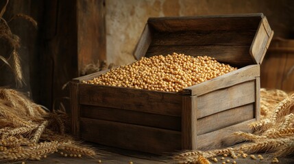Aufkleber - Traditional wooden crate filled with grains in rustic setting showcasing agricultural abundance