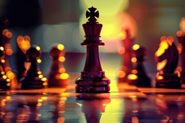 a king chess piece standing tall among pawns, symbolic and powerful. soft indoor lighting.