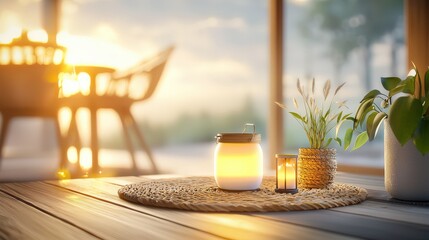 Poster - A rustic-themed furniture and decor set with a farmhouse table, vintage chairs, a woven rug, and decorative lanterns.