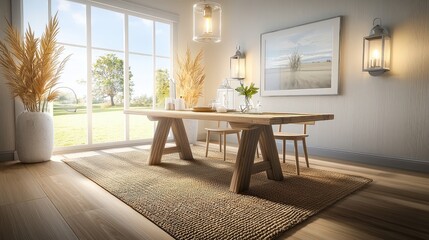Poster - A rustic-themed furniture and decor set with a farmhouse table, vintage chairs, a woven rug, and decorative lanterns.