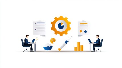 Poster - Flat-style business framework illustration showing process flow, team collaboration, and target achievement