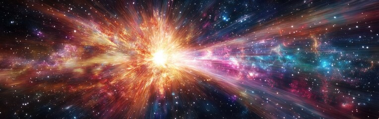 Poster - Surreal depiction of a supernova exploding in vibrant cosmic colors and interstellar activity within a celestial expanse