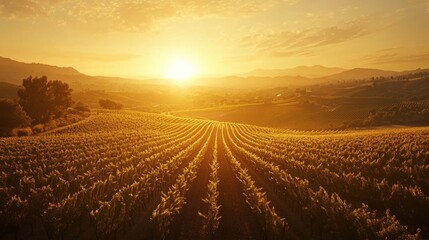 Poster - Panoramic view of Zokrema vineyards at sunset showcasing vibrant colors and lush rows of grapes