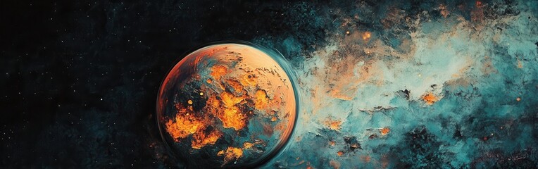 Poster - Vibrant overhead view of a distant planet in the cosmos with vibrant colors and swirling clouds of gas