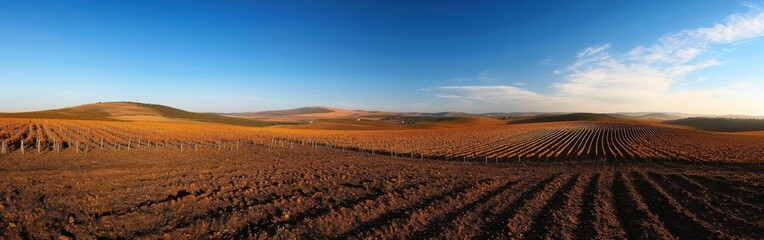 Poster - Stunning drone view showcasing sprawling vineyards under a clear blue sky during golden hour