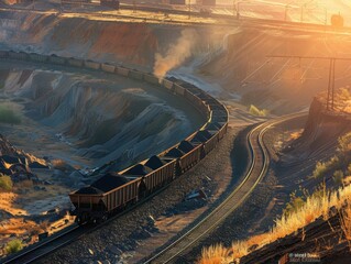 Wall Mural - A mining freight train hauling ore at sunrise, dynamic industrial scene with rugged terrain, warm natural light casting long shadows.