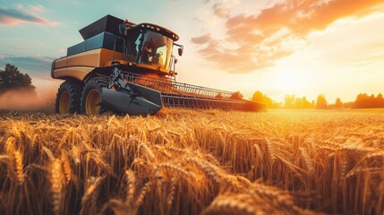 Aufkleber - Combine harvester moving through golden wheat fields at sunset in a rural setting