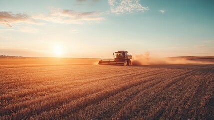 Poster - Combine harvester working at sunset in agricultural field