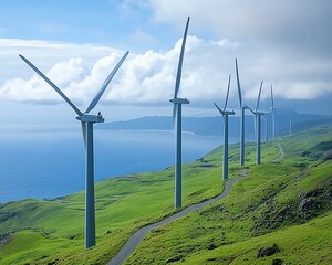Aufkleber - Wind turbines with hightech digital overlays, showcasing the integration of renewable energy and advanced technology in the green energy sector