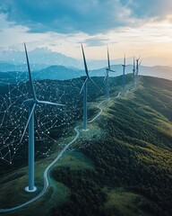 Poster - Futuristic wind turbines enhanced with digital graphics, representing the cuttingedge advancements in renewable energy and green technology