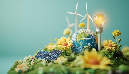 Aufkleber - Global renewable energy concept with wind turbines, solar panels, and a light bulb on a miniature Earth, symbolizing clean energy and sustainability