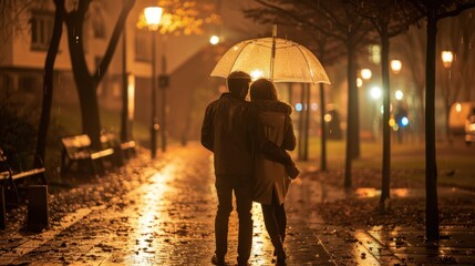 a romantic couple walking under an umbrella at night, with soft rain and streetlights creating a coz