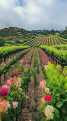 Poster - Scenic hillside vineyard with vibrant flowers blooming under a cloudy sky in late spring
