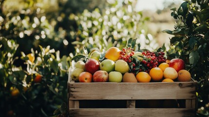 Poster - Rustic wooden crate brimming with fresh fruits in a sunlit orchard during harvest season