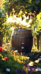 Poster - Rustic wine barrel surrounded by blooming flowers in a vibrant vineyard at sunset