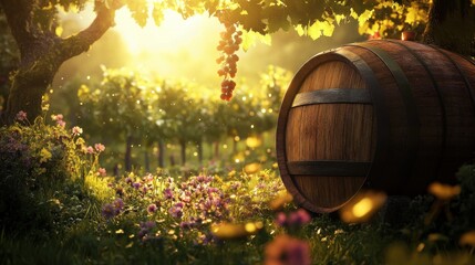 Poster - Rustic wine barrel nestled among vines in a sunlit vineyard during autumn harvest season