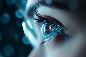 Poster - A mesmerizing close-up of a human eye with reflections of digital interfaces and vibrant lights, symbolizing vision, innovation, and the digital age advancements.